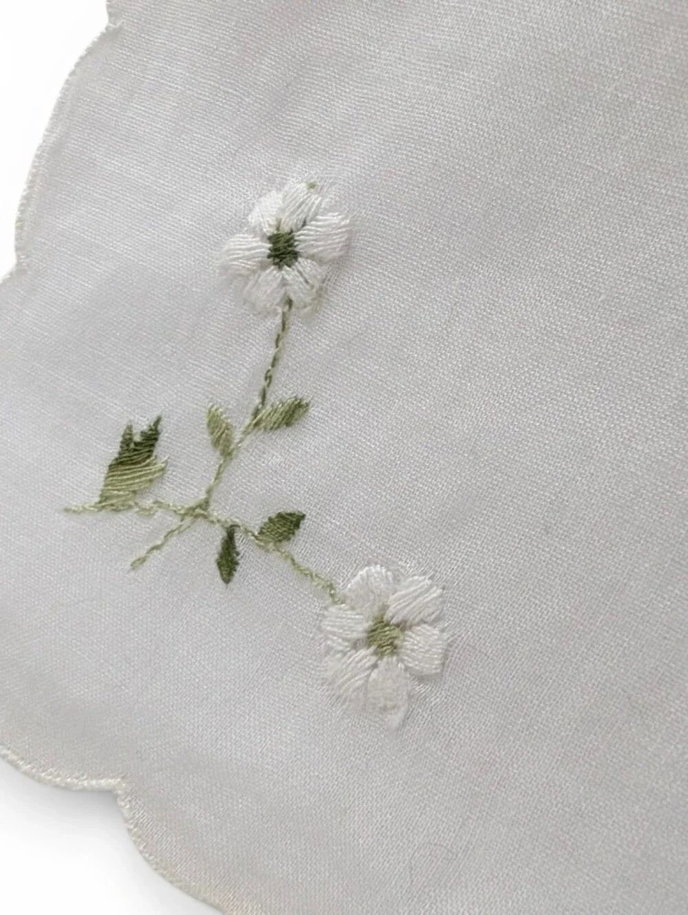 VINTAGE Hankerchief Embroidered White Linen Green Floral Design